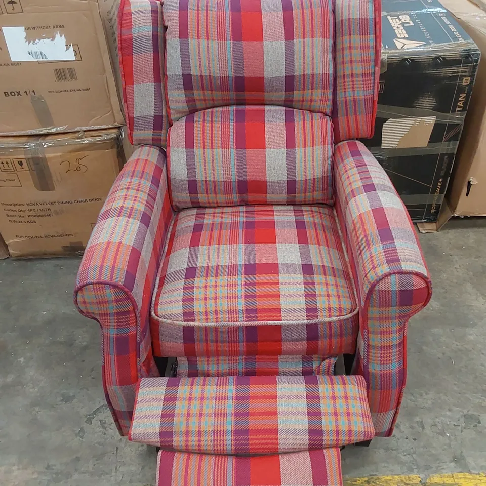 DESIGNER FABRIC UPHOLSTERED TARTAN PATTERN MANUAL RECLINER SOFA 