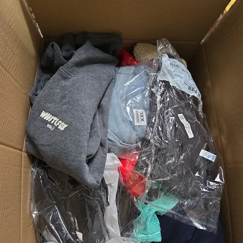 LARGE BOX OF ASSORTED CLOTHING ITEMS IN VARIOUS SIZES, STYLES AND COLOUR 