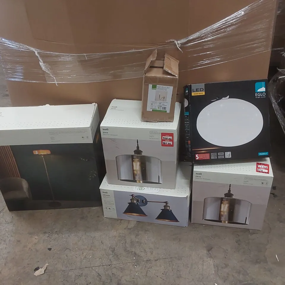 PALLET TO CONTAIN A VERY LARGE QUANTITY OF DESIGNER INDOOR LIGHTING PRODUCTS TO INCLUDE: FLOOR LAMP, CEILING LIGHT, WALL LIGHT ECT
