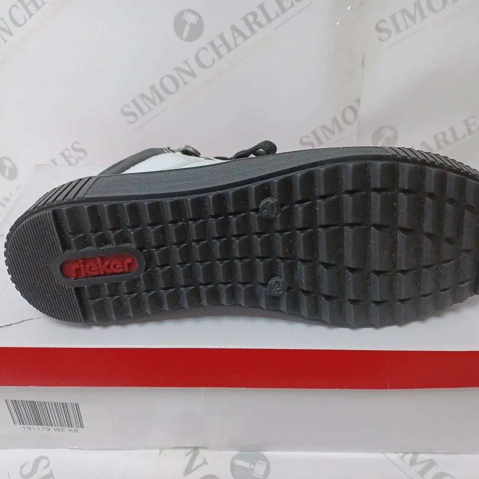 BOXED PAIR OF RIEKER HIGH TOP CUFFED TRAINERS WHITE SIZE 6