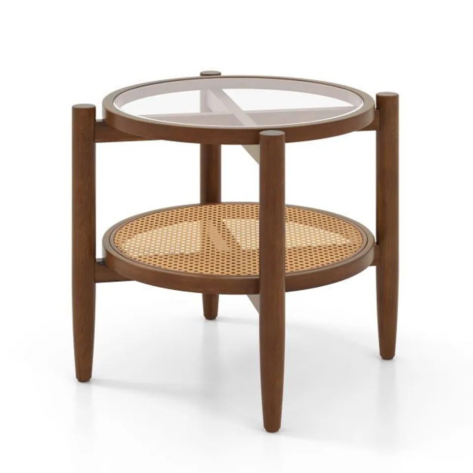 BOXED COSTWAY 2-TIER PE RATTAN ROUND SIDE END TABLE WITH TEMPERED GLASS TABLETOP