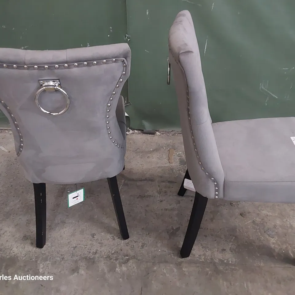PAIR OF UPHOLSTERED BUTTONED RING BACK DINING CHAIRS GREY PLUSH FABRIC ON BLACK PAINTED LEGS 