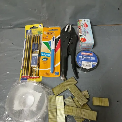 BOX OF ASSORTED HOUSEHOLD ITEMS TO INCLUDE PENCILS, BIC AND PLYERS