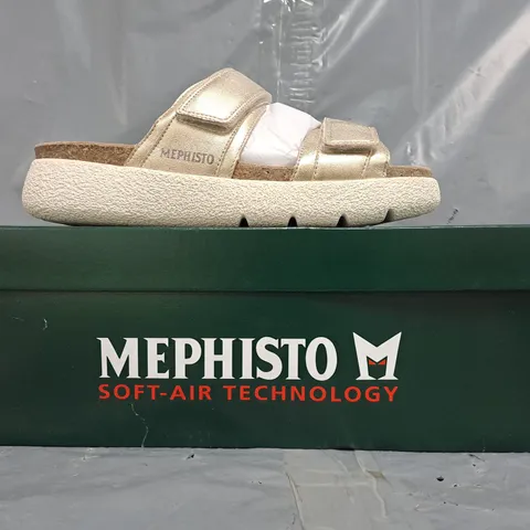 BOXED PAIR OF MEPHISTO GAYLE OPEN TOE SANDALS IN GOLD SIZE EU 38