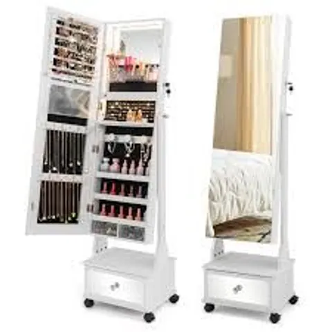 BOXED COSTWAY 47 INCH LOCKABLE JEWELRY CABINET ARMOIRE WITH 3-COLOR LED LIGHTS - WHITE