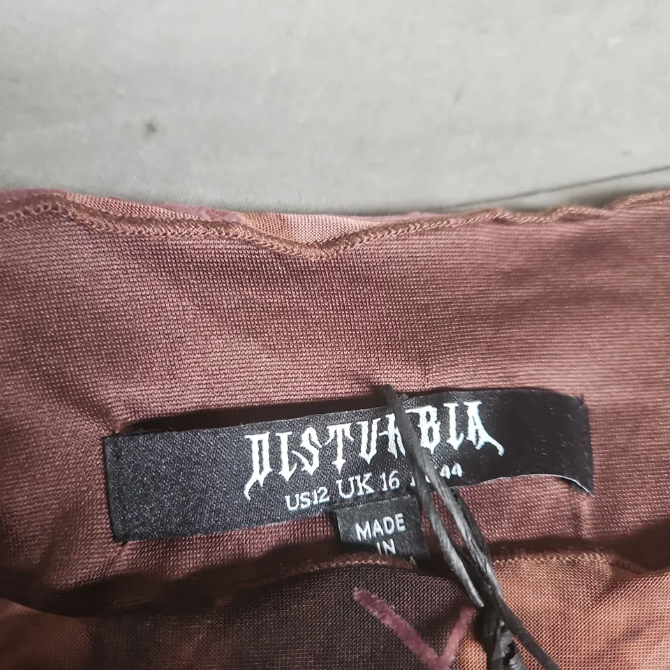 DISTURBIA FLORAL SATIN DRESS – UK 16 (US 12 / EU 44), BROWN WITH PINK PATTERN