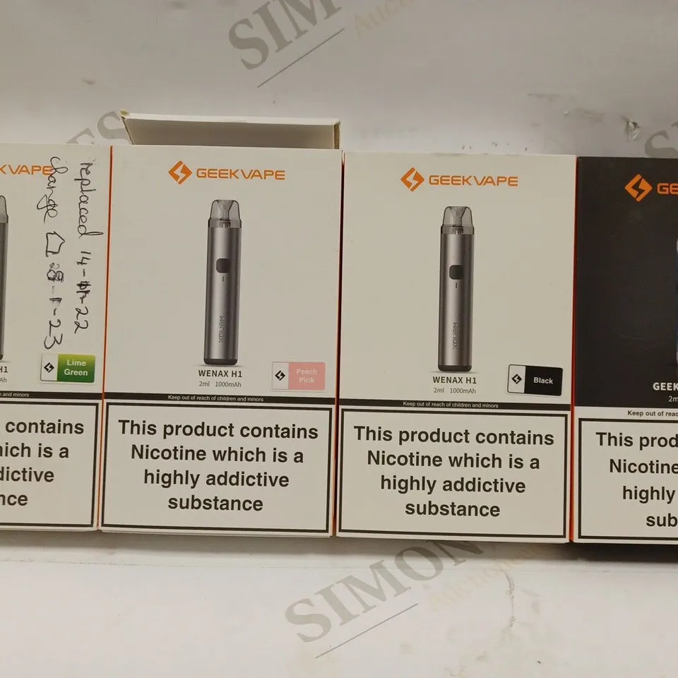 BOX OF 4 ASSORTED GEEKVAPE PRODUCTS TO INCLUDE WENAX H1 & GEEKVAPE ONE