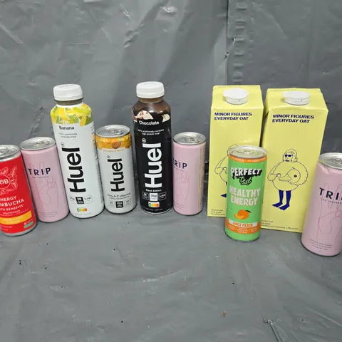 APPROXIMATELY 10 ASSORTED DRINK ITEMS TO INCLUDE - TRIP, HUEL, AND MINOR FIGURE OAT MILK ETC.