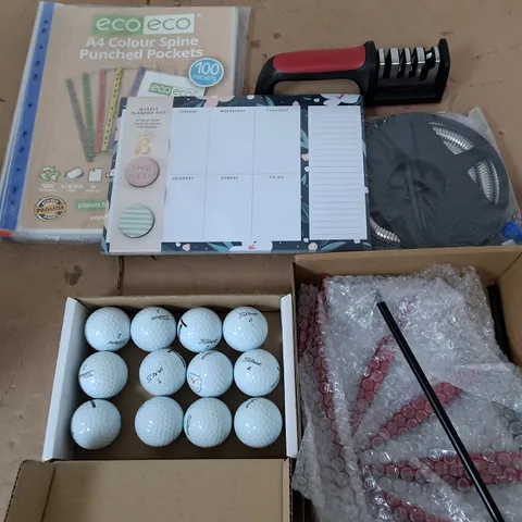 APPROXIMATELY 10 ASSORTED HOUSEHOLD ITEMS TOO INCLUDE GOLF BALLS, PUNCHED POCKETS, AND WEEKLY PLANNER ETC. 