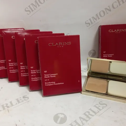 LOT OF 6 CLARINS EVERLASTING COMPACT FOUNDATION IN 107 BEIGE