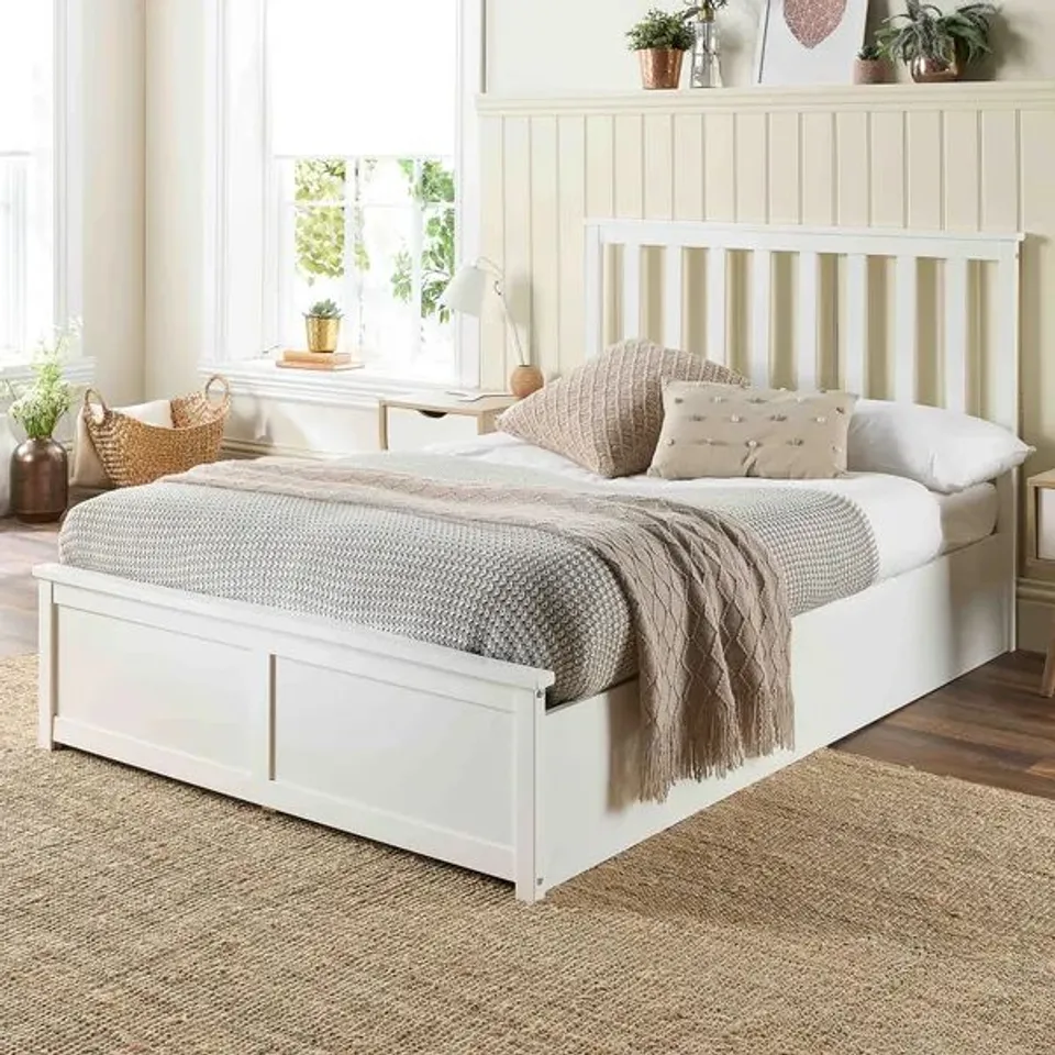 BOXED ASPIRE BEDS PAINTED WOOD OTTOMAN STORAGE BED FRAME - 4'6" DOUBLE, WHITE (2 BOXES)