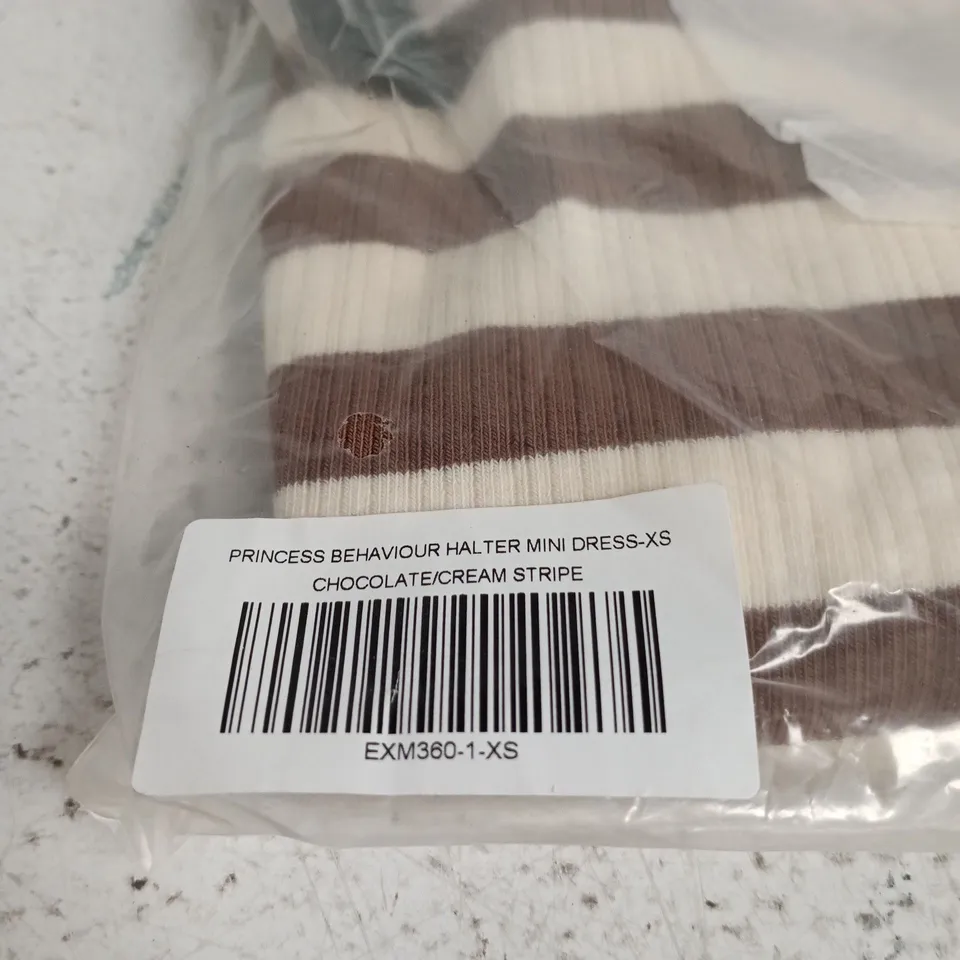 WHITE FOX PRINCESS BEHAVIOUR HALTER MINI DRESS – UK 6 (XS), CHOCOLATE/CREAM STRIPE