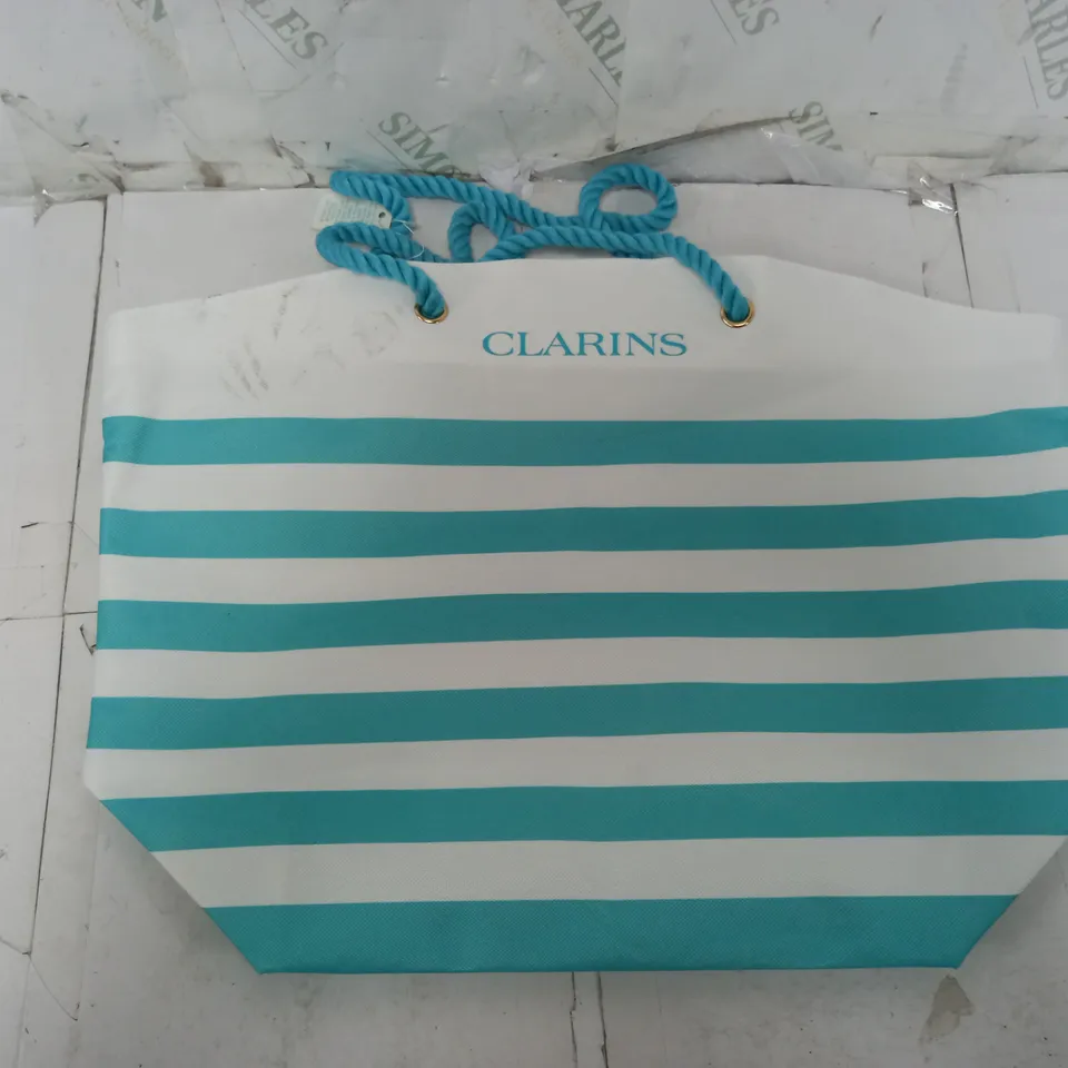 CLARINS TOTE BAG IN BLUE/WHITE STRIPES