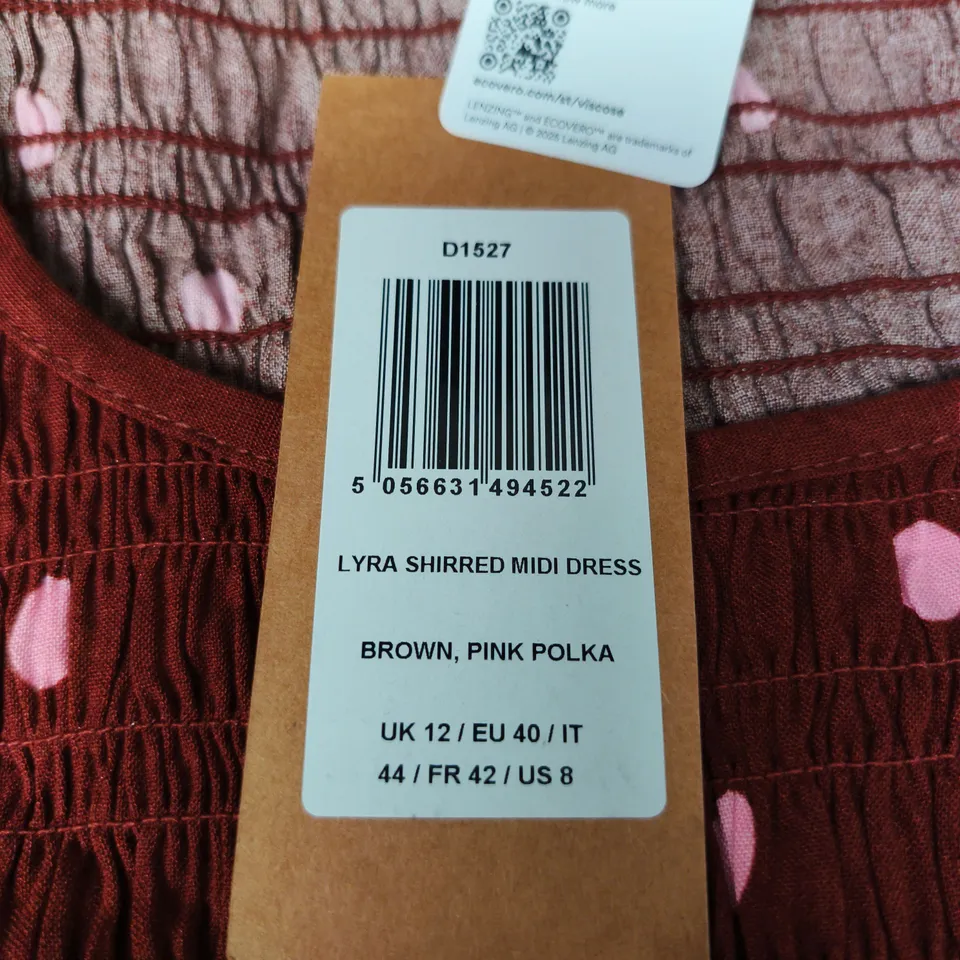 SUHARHILL LYRA SHIRRED MIDI DRESS – BROWN & PINK POLKA, UK 12