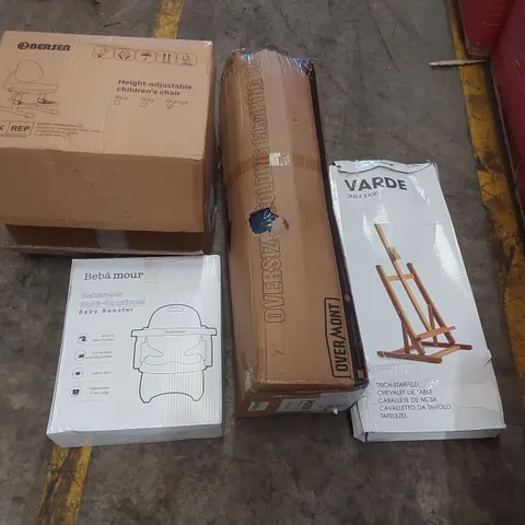 PALLET OF ASSORTED ITEMS INCLUDING: HEIGHT ADJUSTABLE CHILDREN'S CHAIR, OVERSIZED FOLDING CAMPING COT, TABLE EASEL, BABY BOOSTER SEST ECT