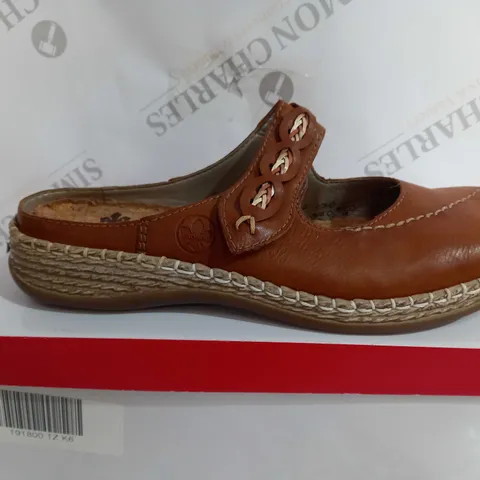 BOXED PAIR OF RIEKER MULE SANDALS IN TAN - SIZE 6