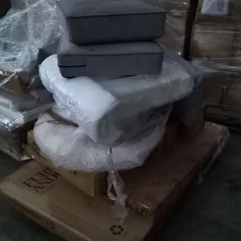 PALLET OF ASSORTED DINING TABLE PARTS & CUSHIONS