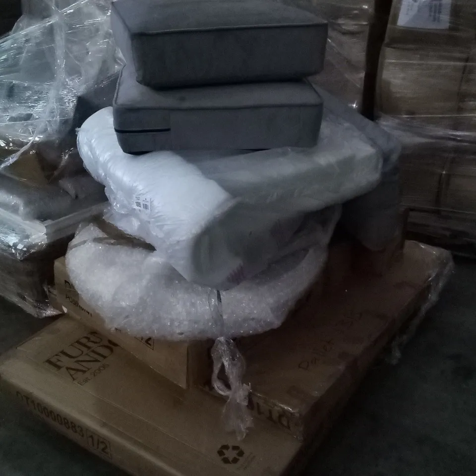 PALLET OF ASSORTED DINING TABLE PARTS & CUSHIONS