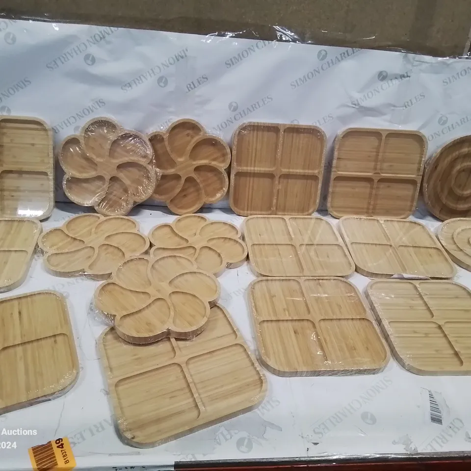 18 SEALED MIXED SHAPES WOODEN FRUIT/FOOD SERVING TRAYS