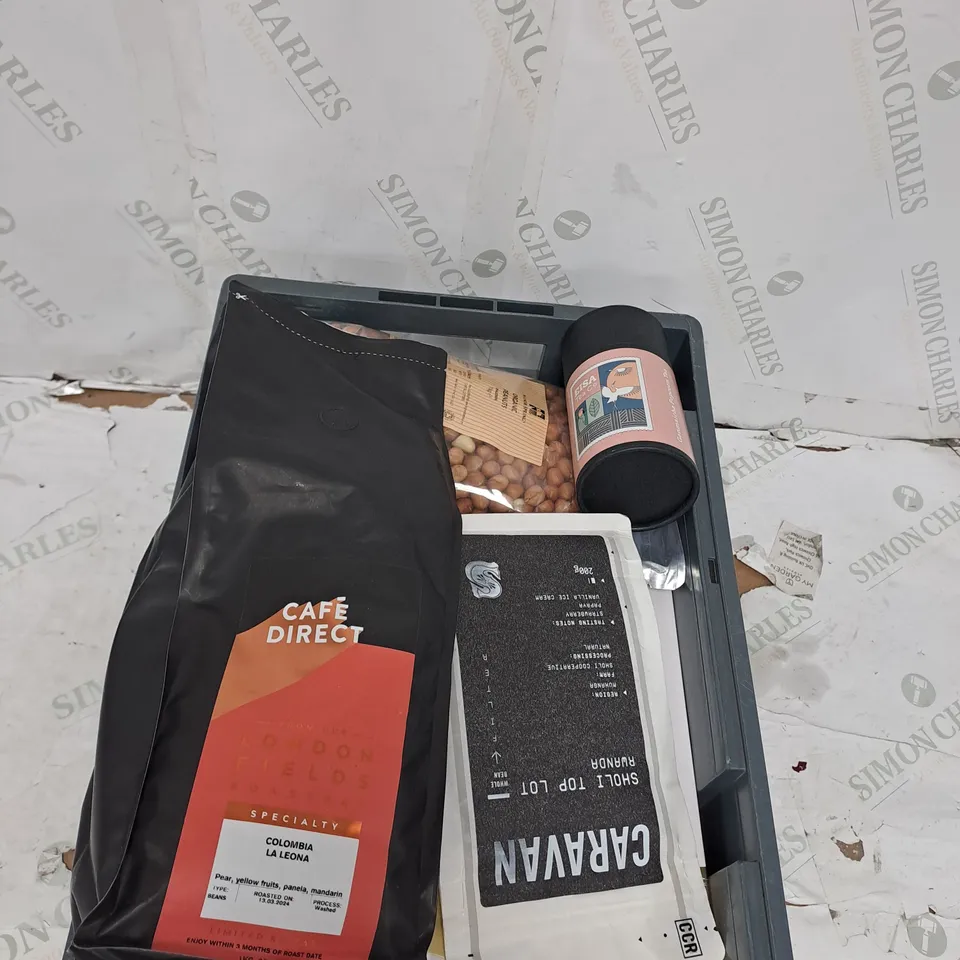 TOTE OF ASSORTED FOOD AND DRINK TOO INCLUDE COFFEE , CHOCOLATE , PROTEIN , ETC 
