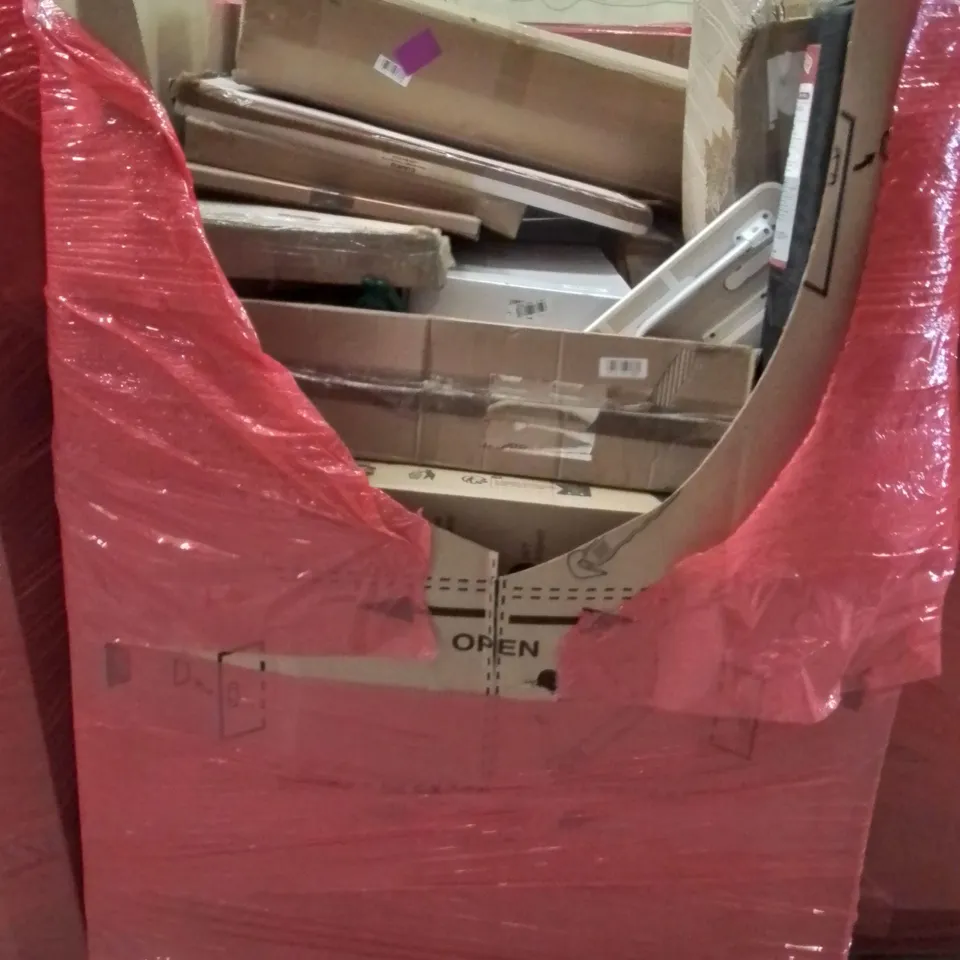 PALLET CONTAINING VARIOUS ASSORTED BOXED HOUSEHOLD ITEMS TO INCLUDE: SHOWER SYSTEM, STEP LADDER, KIDS SCOOTER,  LAPTOP TRAY AND LOTS MORE UNMARKED BOXED ITEMS