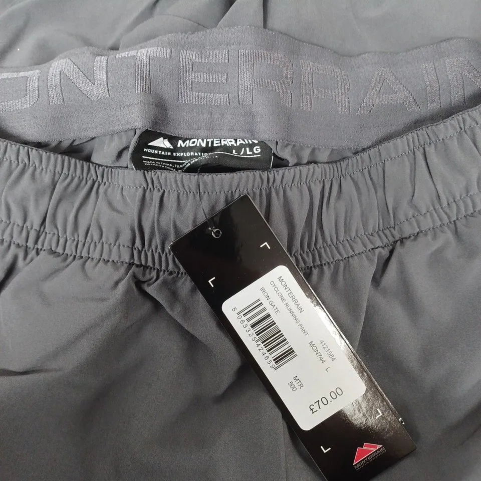 MOUTAINE RUNNING PANTS – GREY, SIZE L, WITH ZIPPED THIGH POCKETS (TAG ATTACHED)