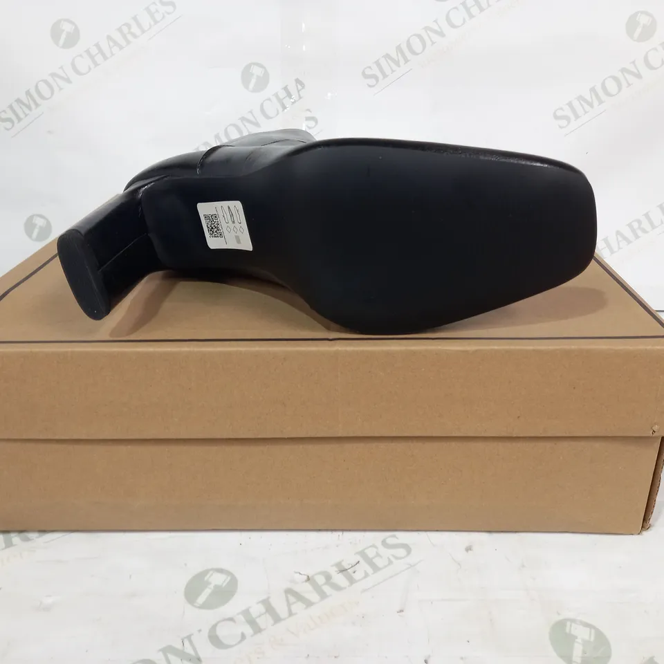 BOXED PAIR OF ASOS DESIGN EMBASSY HIGH HEELED ANKLE BOOTS IN BLACK UK SIZE 6