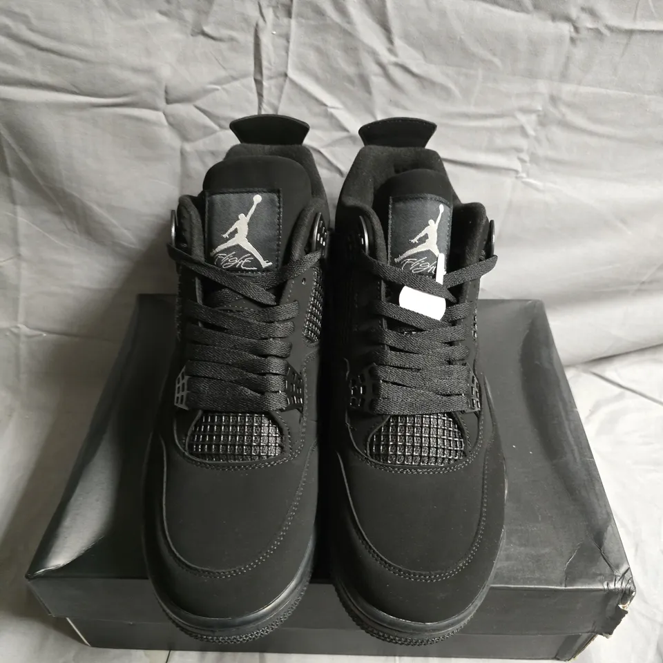 BOXED PAIR OF AIR JORDAN 4 RETRO BLACK SNEAKERS – MEN'S SHOES - UK SIZE 10
