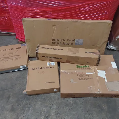 PALLET OF ASSORTED CONSUMER PRODUCTS TO INCLUDE: 100W SOLAR PANEL, SIDE TABLE, LED CEILING LIGHT, KID'S INLINE SKATES, CHAIR FLOOR MAT ECT