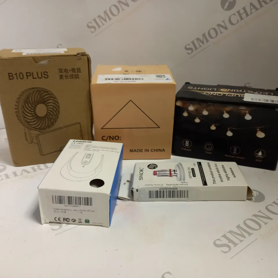 BOX TO CONTAIN 5 X ASSORTED TECH PRODUCTS. INCLUDES E-CIG PART, COMPUTER MOUSE, FAN ETC 