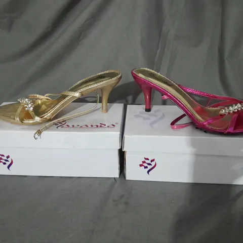 APPROXIMATELY 10 BOXED PAIRS OF FLAT LOW PROFILE HIGH HEELS 6 GOLD PAIRS 4 PINK PAIRS