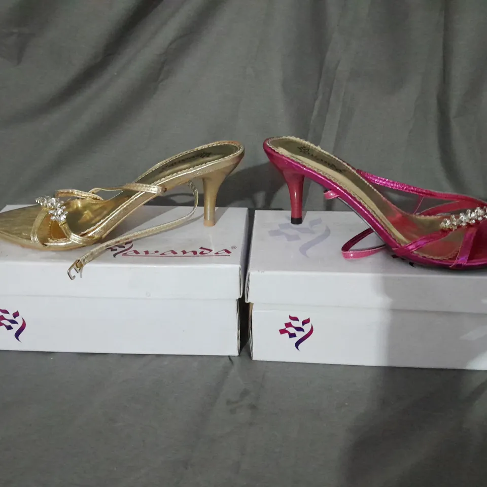 APPROXIMATELY 10 BOXED PAIRS OF FLAT LOW PROFILE HIGH HEELS 6 GOLD PAIRS 4 PINK PAIRS