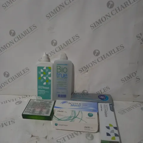BOX OF APPROXIMATELY 40 ASSORTED CONTACT LENSES AND EYE TREATMENT TO INCLUDE ACUVUE OASYS, EASY VISION AND BIO TRUE