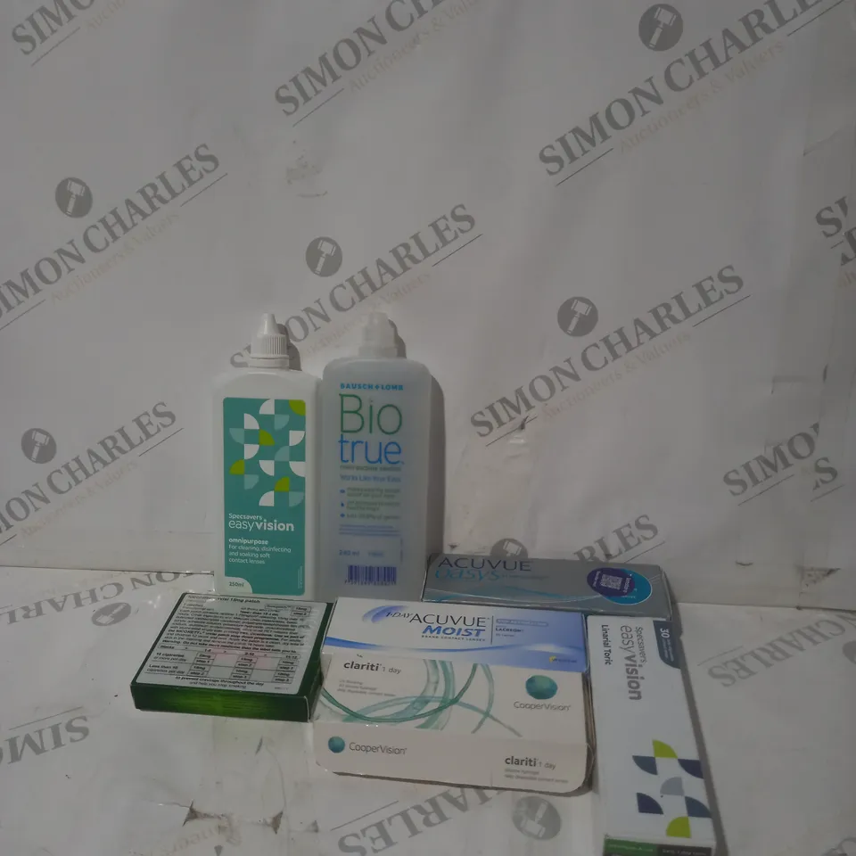 BOX OF APPROXIMATELY 40 ASSORTED CONTACT LENSES AND EYE TREATMENT TO INCLUDE ACUVUE OASYS, EASY VISION AND BIO TRUE