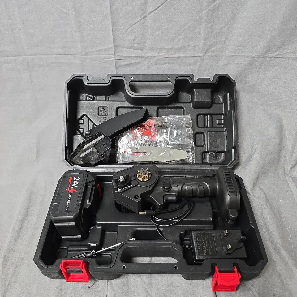 CORDLESS MINI ELECTRIC CHAIN SAW KIT WITH 24V LI-ION BATTERY – CASE INCLUDED