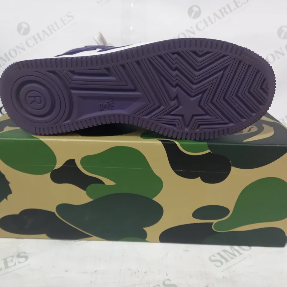 BOXED PAIR OF A BATHING APE SHOES IN PURPLE/WHITE US SIZE 8