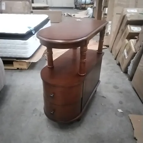 WOOD NARROW END TABLE WITH DRAWERS AND SHELF - CARAMEL BROWN 