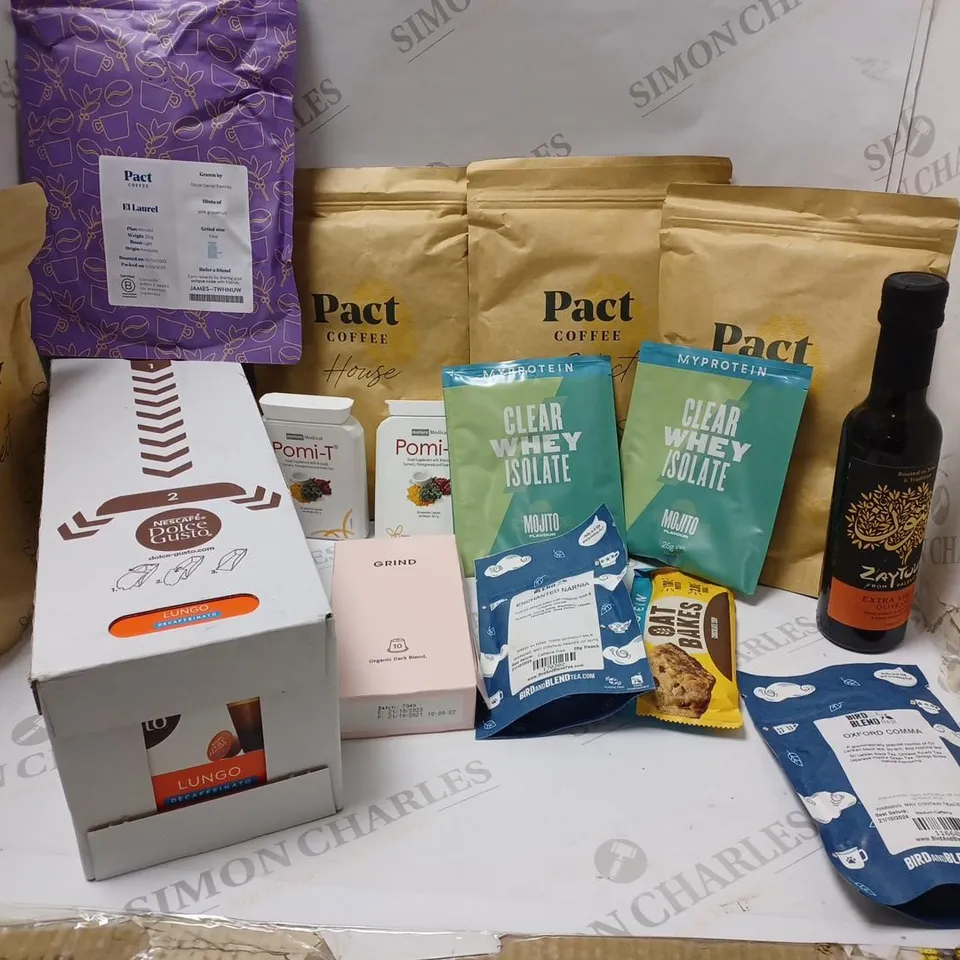 LOT OF APPROXMATELY 15 ITEMS TO INCLUDE NESCAFE DOLCE GUSTO LUNGO DECAFFEINATED CAPSULES (48 PACK), PACT COFFEE MICRO-LOT EL LAUREL (250g), MYPROTIEN CLEAR WHEY ISOLATE MOJITO (25g), ETC