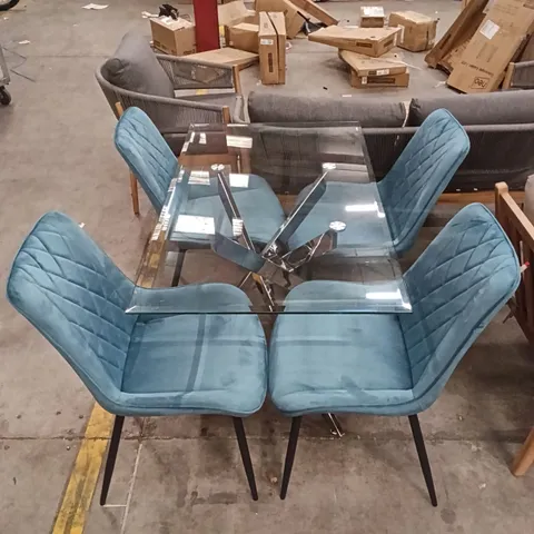 GLASS DINING TABLE WITH SET OF 4 DINING CHAIRS - BLUE/BLACK