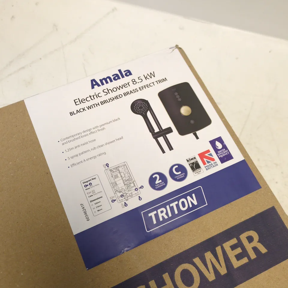 TRITON AMALA ELECTRIC SHOWER 8.5 KW – BLACK WITH BRUSHED BRASS TRIM, BOXED