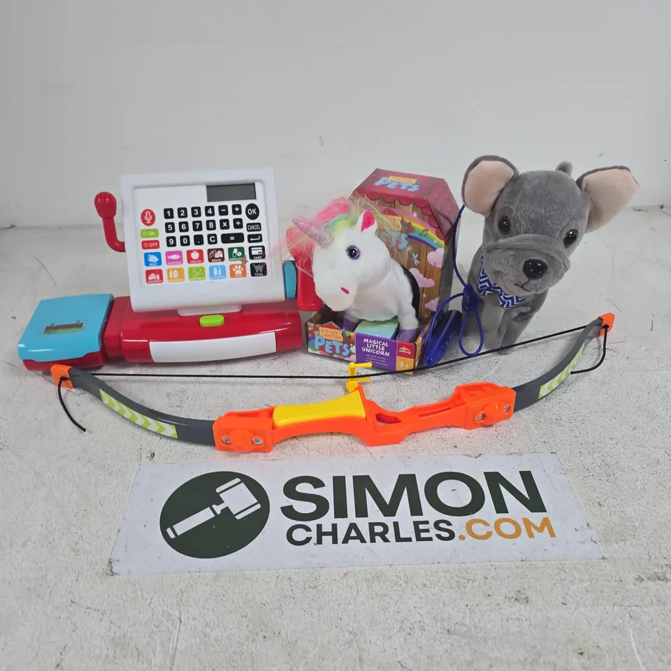 APPROXIMATELY 10 ASSORTED TOYS & GAMES PRODUCTS TO INCLUDE PITTER PATTER MAGICAL LITTLE UNICORN, ADDO PLAY CASH REGISTER, WALK ALONG DOG, ETC