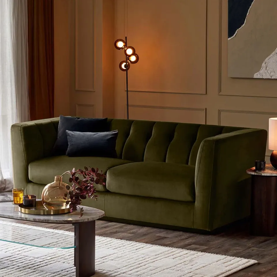 BOXED DANETTI VALENTINA OLIVE GREEN VELVET 3 SEATER SOFA