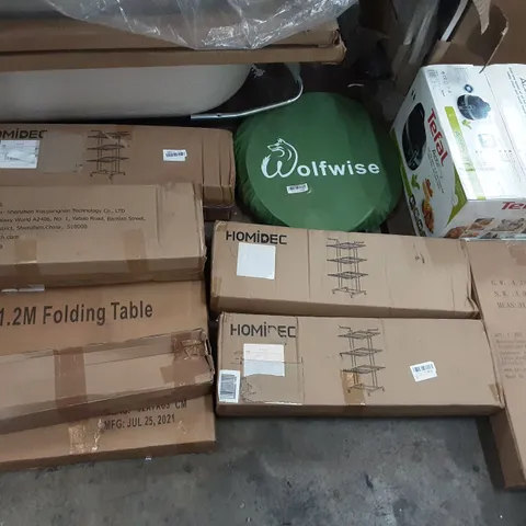 PALLET OF ASSORTED PRODUCTS TO INCLUDE TEAL ACTIFRY, HOMIDEC DRYING RACK, 1.2M FOLDING TABLE, WOLFWISE, MAGIC LIFE OFFICE CHAIR, BADMINTON SET