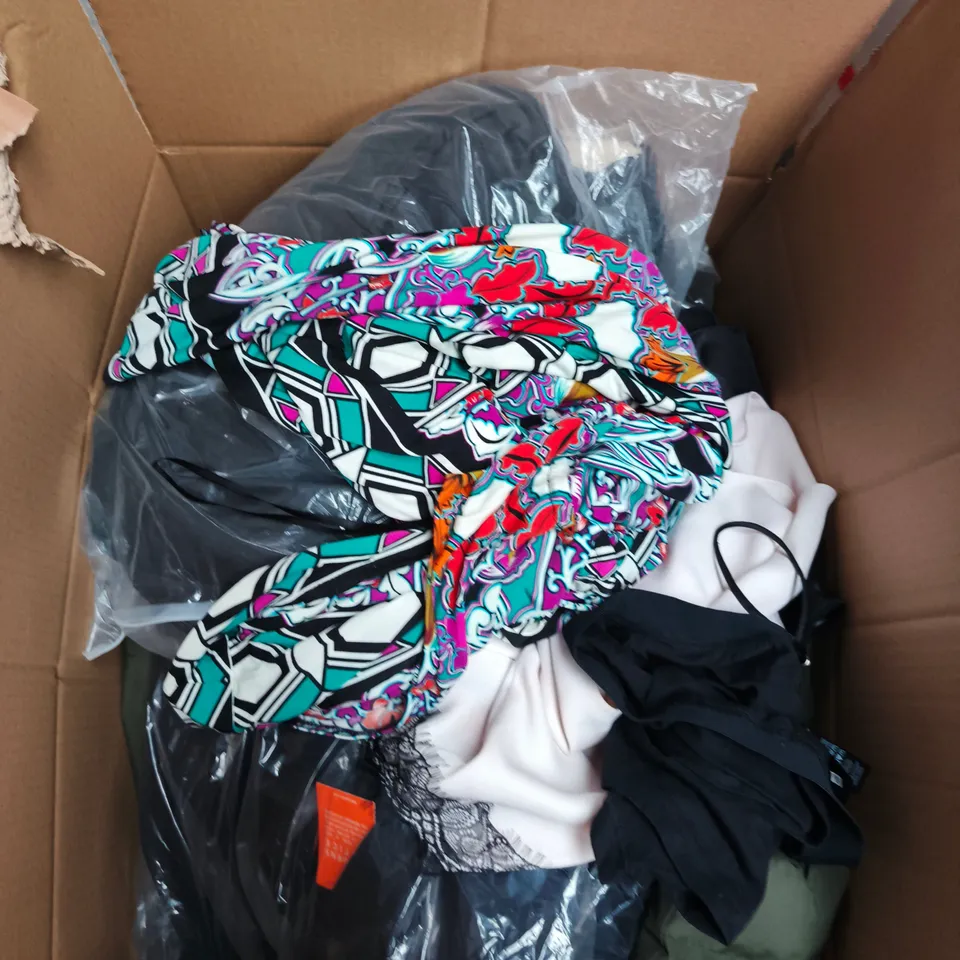 LARGE BOX OF APPROXIMATELY 25 ASSORTED CLOTHING ITEMS IN VARIOUS COLOURS, STYLES AND SIZES - COLLECTION ONLY
