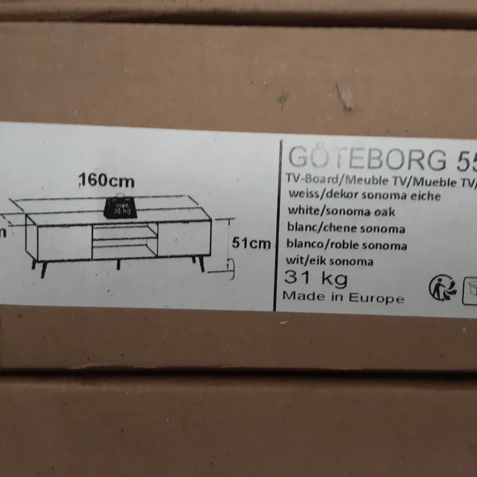 BOXED DESIGNER GÖTEBORG 55 TV UNIT CABINET IN WHITE/SONOMA OAK  - B:160 CM - H:51 CM - T:40 CM