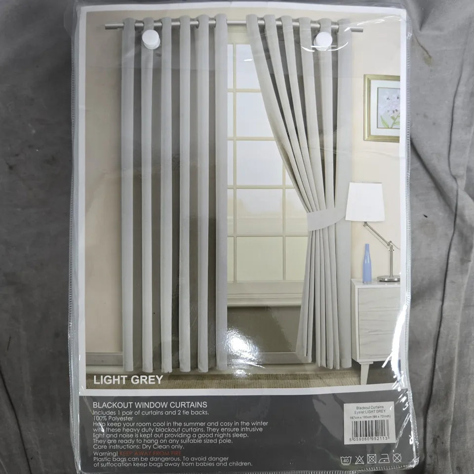 LIGHT GREY BLACKOUT CURTAINS WITH EYELET TOPS – READY-MADE PAIR, 66 X 72 IN (167 X 183 CM)
