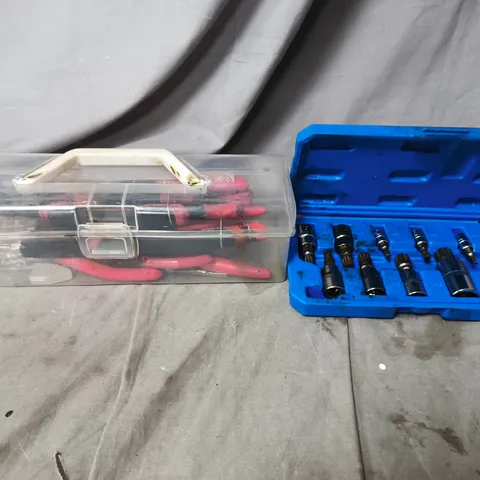 TOTE OF APPROXIMATELY 25 ASSORTED TOOLS TO INCLUDE DRILL BITS, PLIERS AND BOLTS