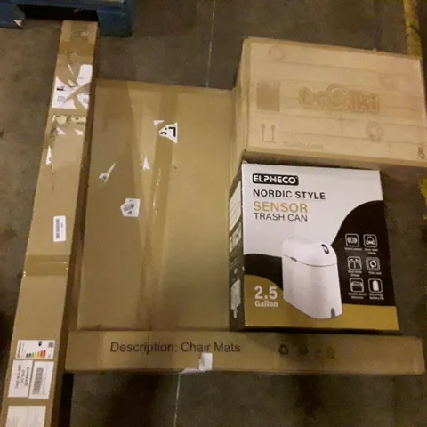 PALLET OF ASSORTED PRODUCTS INCLUDING SENSOR TRASH CAN, TRUNKI KIDS SUITCASE, CHAIR MATS, LED BATTEN LIGHT, WOODEN JIGSAW PUZZLE