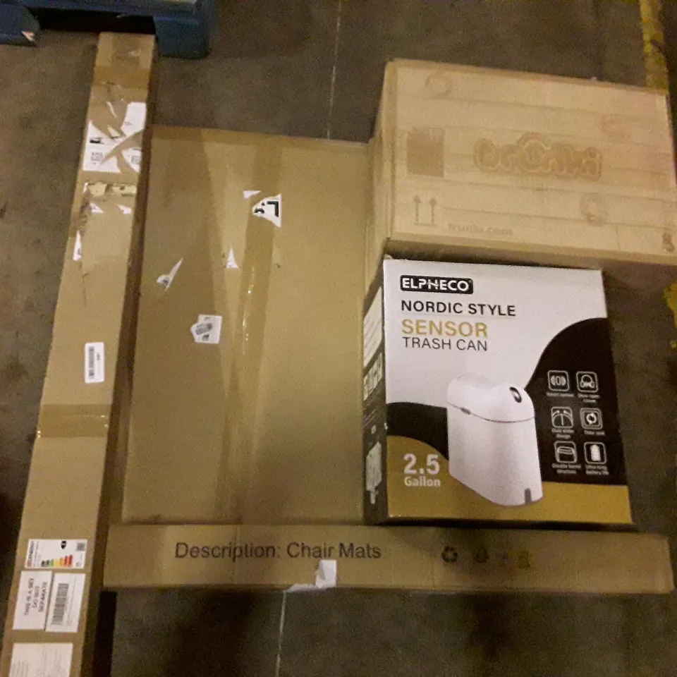 PALLET OF ASSORTED PRODUCTS INCLUDING SENSOR TRASH CAN, TRUNKI KIDS SUITCASE, CHAIR MATS, LED BATTEN LIGHT, WOODEN JIGSAW PUZZLE