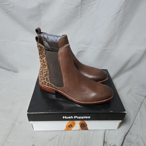 BOXED PAIR OF HUSH PUPPIES COLETTE BOOTS IN LEOPARD - SIZE 7